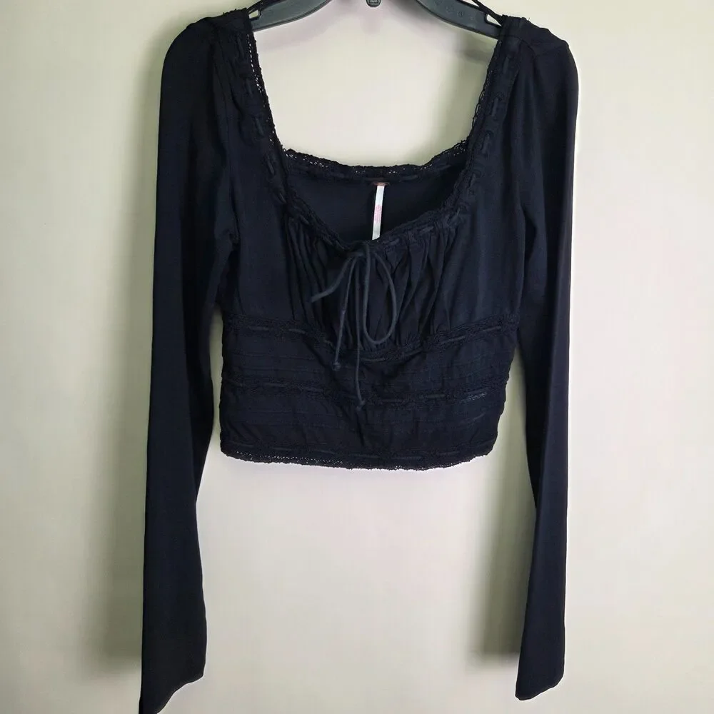 Free People Black Lace Trim Long Sleeve Crop Top Tie Front Boho Size Small